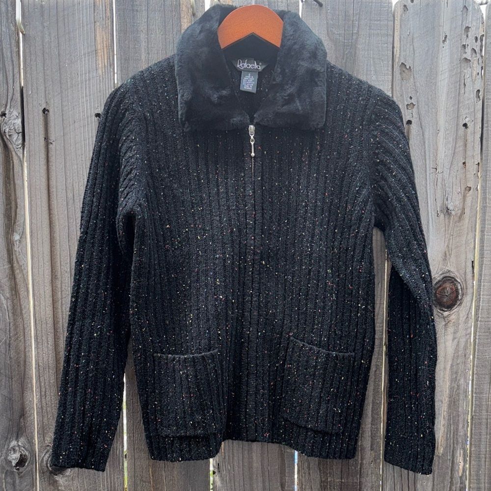 RAFAELLA BLACK CABLE KNIT ZIP FRONT SWEATER-POCKETS WOOL BLEND WOMENS SIZE SMALL